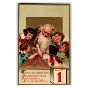 Vintage Frances Brundage 1911 New Year Postcard with Santa & Children